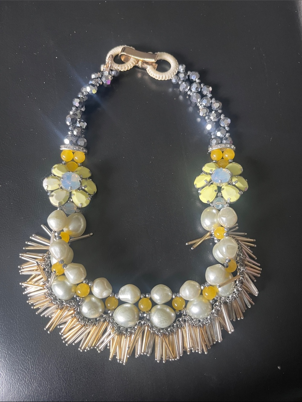 Statement Pearl and Yellow Flower Bib Necklace - Women Jewelry